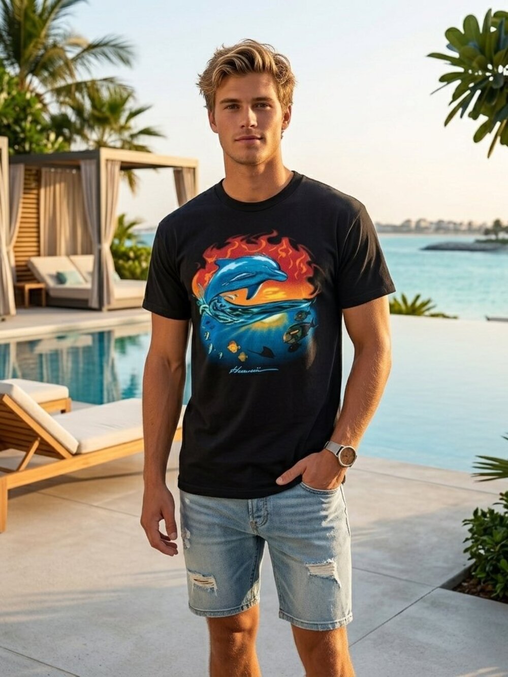 VTG Famous Hawaii Collec Shark Graphic T-Shirt Adult Small Black Vacation Cotton